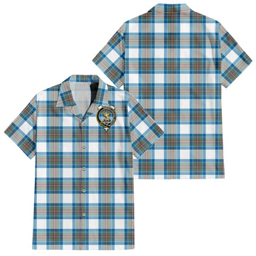 Stewart Muted Blue Tartan Short Sleeve Button Down Shirt with Family Crest