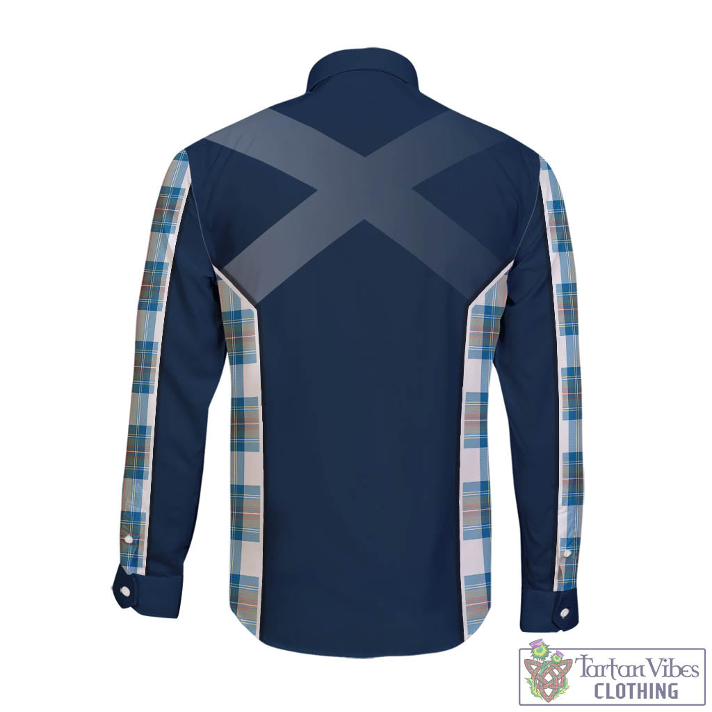 Stewart Muted Blue Tartan Long Sleeve Button Up Shirt with Family Crest and Lion Rampant Vibes Sport Style