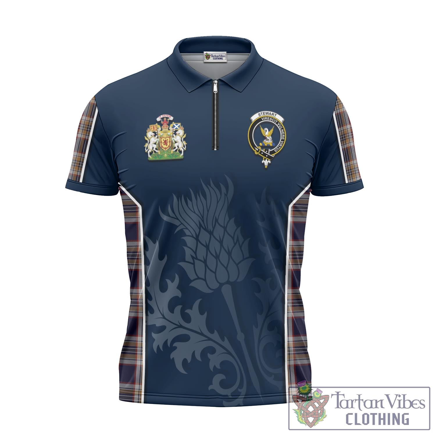 Tartan Vibes Clothing Stewart Navy Tartan Zipper Polo Shirt with Family Crest and Scottish Thistle Vibes Sport Style