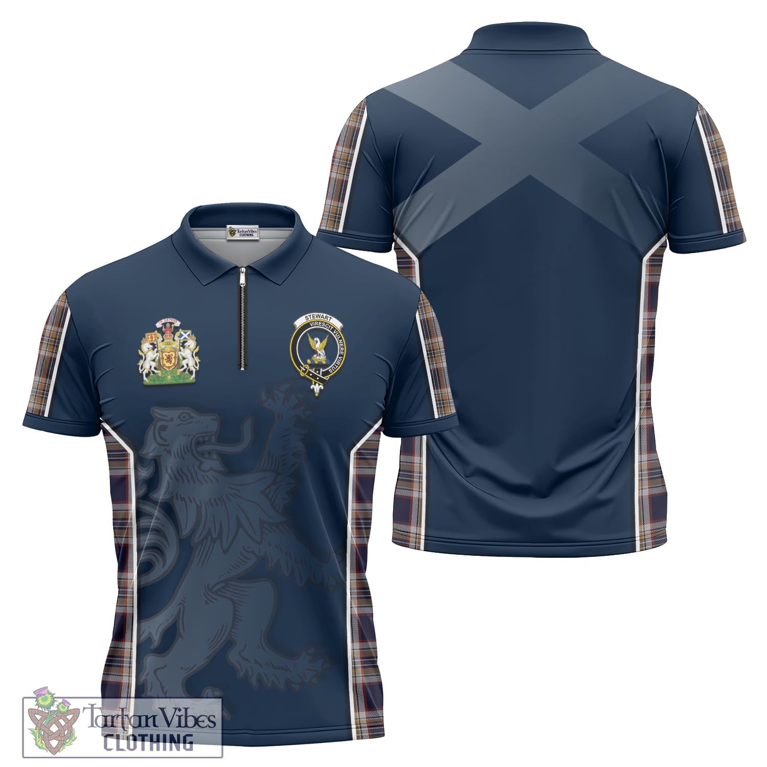 Tartan Vibes Clothing Stewart Navy Tartan Zipper Polo Shirt with Family Crest and Lion Rampant Vibes Sport Style