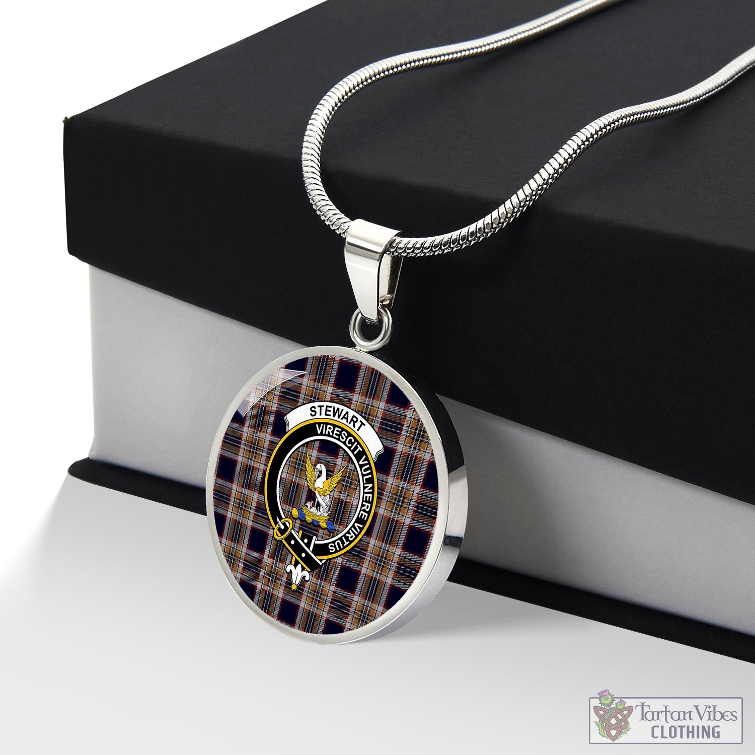 Tartan Vibes Clothing Stewart Navy Tartan Circle Necklace with Family Crest