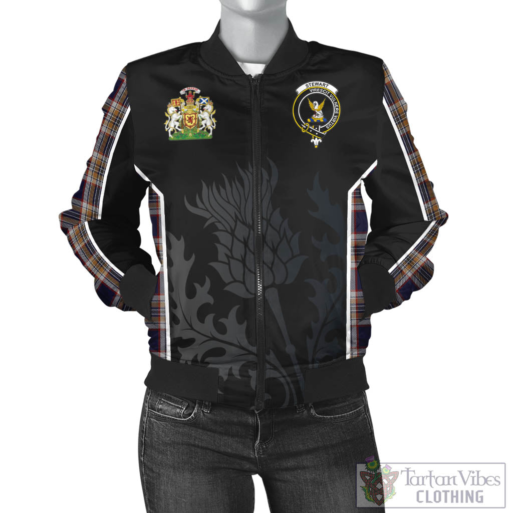 Tartan Vibes Clothing Stewart Navy Tartan Bomber Jacket with Family Crest and Scottish Thistle Vibes Sport Style