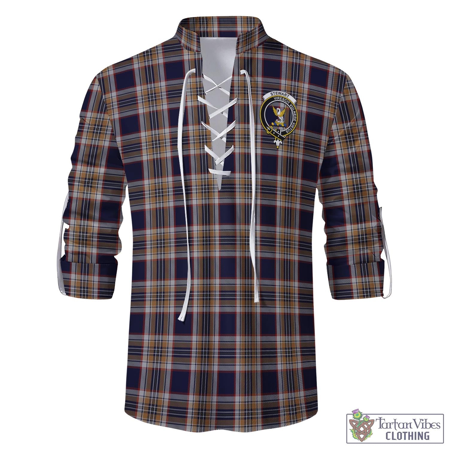 Tartan Vibes Clothing Stewart Navy Tartan Men's Scottish Traditional Jacobite Ghillie Kilt Shirt with Family Crest