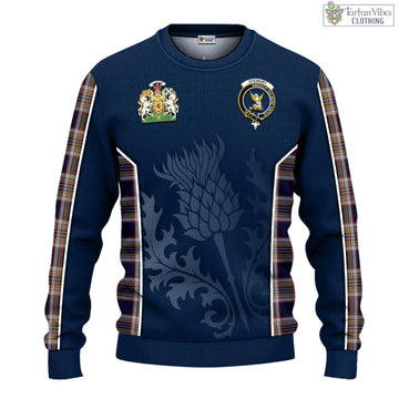 Stewart Navy Tartan Knitted Sweatshirt with Family Crest and Scottish Thistle Vibes Sport Style