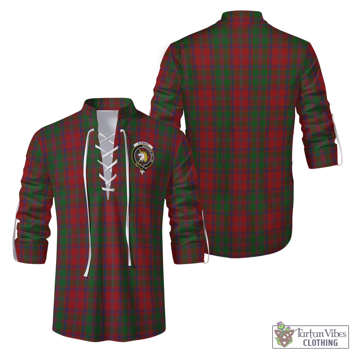 Tartan Vibes Clothing Stewart of Appin Tartan Men's Scottish Traditional Jacobite Ghillie Kilt Shirt with Family Crest