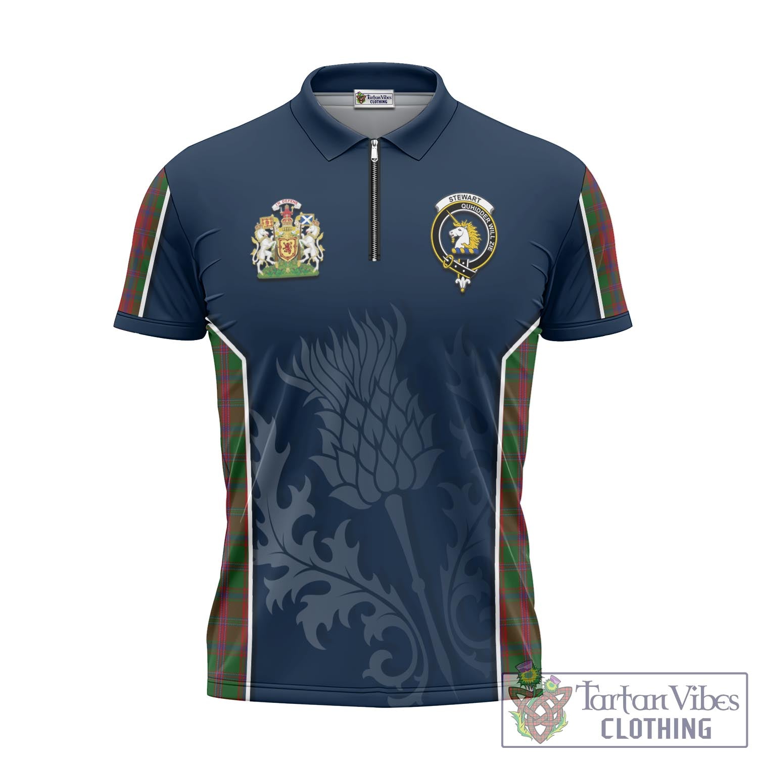 Tartan Vibes Clothing Stewart of Appin Tartan Zipper Polo Shirt with Family Crest and Scottish Thistle Vibes Sport Style