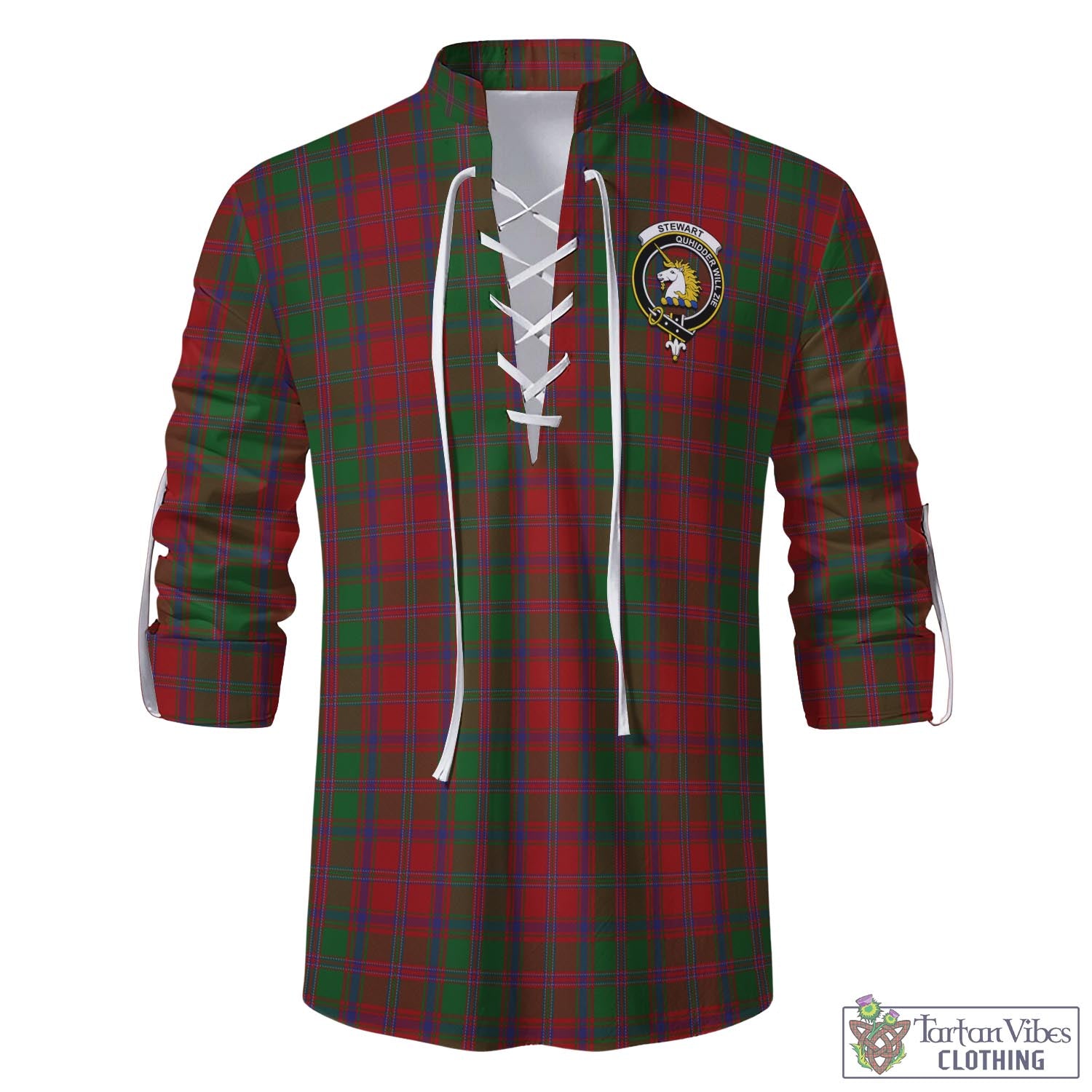 Tartan Vibes Clothing Stewart of Appin Tartan Men's Scottish Traditional Jacobite Ghillie Kilt Shirt with Family Crest