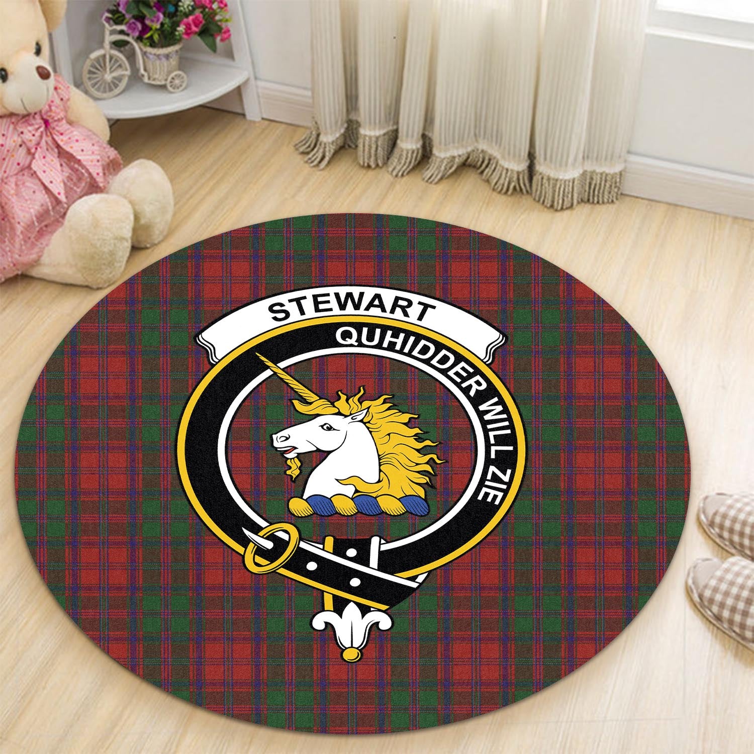Stewart (Stuart) of Appin Tartan Round Rug with Family Crest - Tartan Vibes Clothing