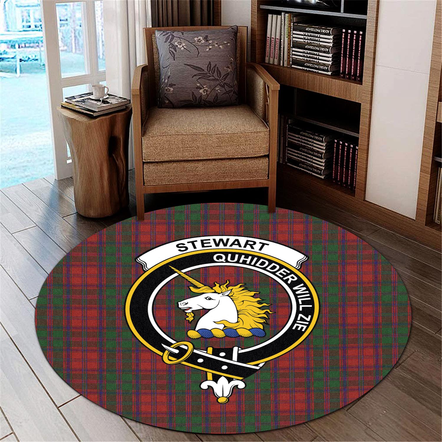 Stewart (Stuart) of Appin Tartan Round Rug with Family Crest - Tartan Vibes Clothing