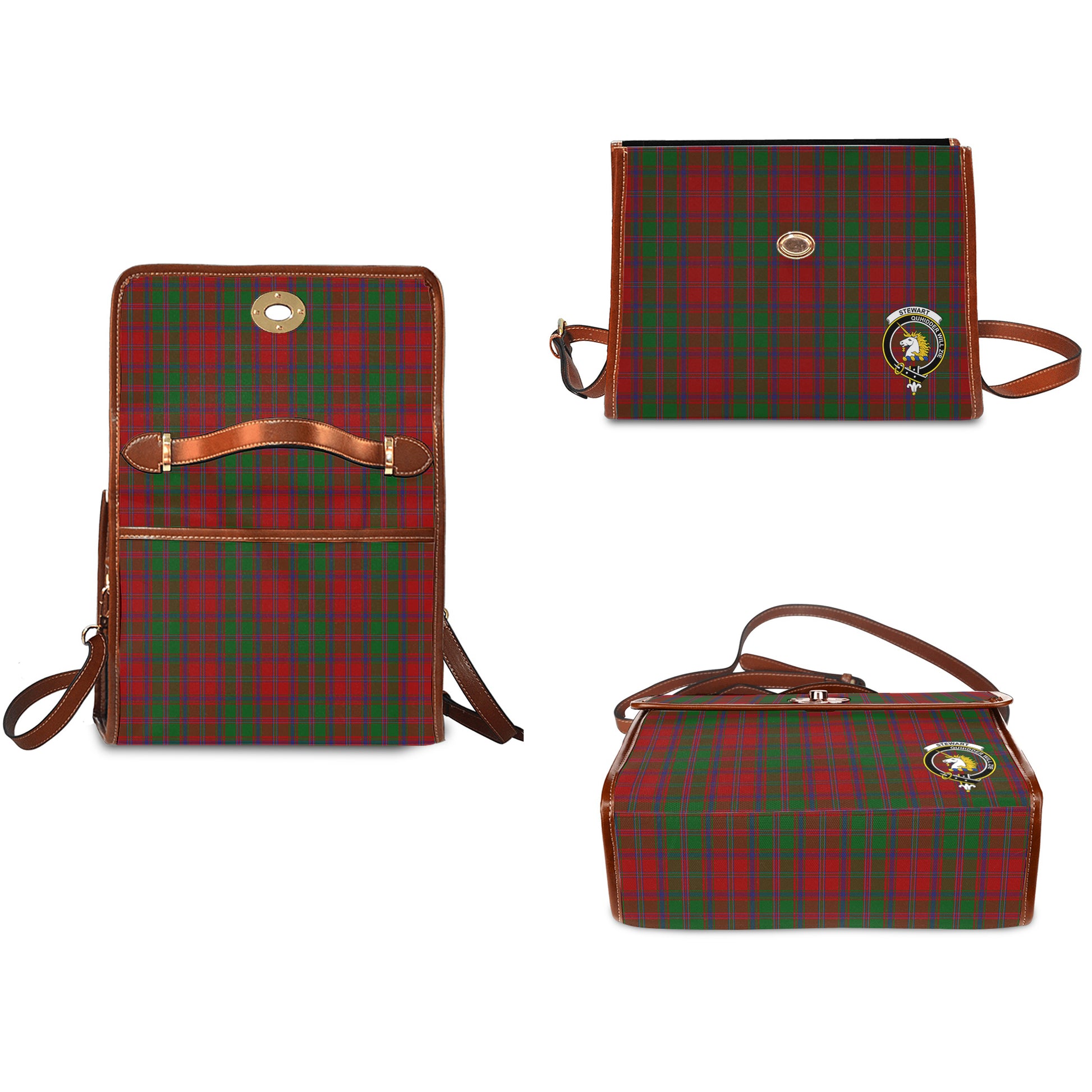 Stewart of Appin Tartan Leather Strap Waterproof Canvas Bag with Family Crest - Tartanvibesclothing