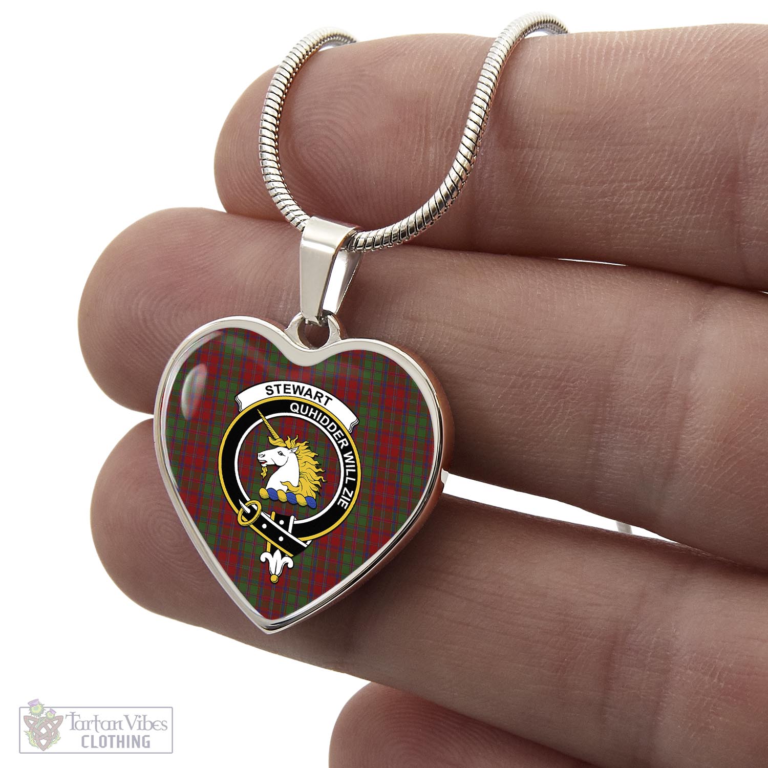Tartan Vibes Clothing Stewart of Appin Tartan Heart Necklace with Family Crest