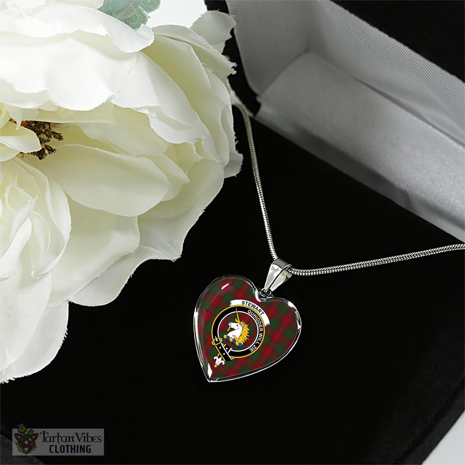 Tartan Vibes Clothing Stewart of Appin Tartan Heart Necklace with Family Crest