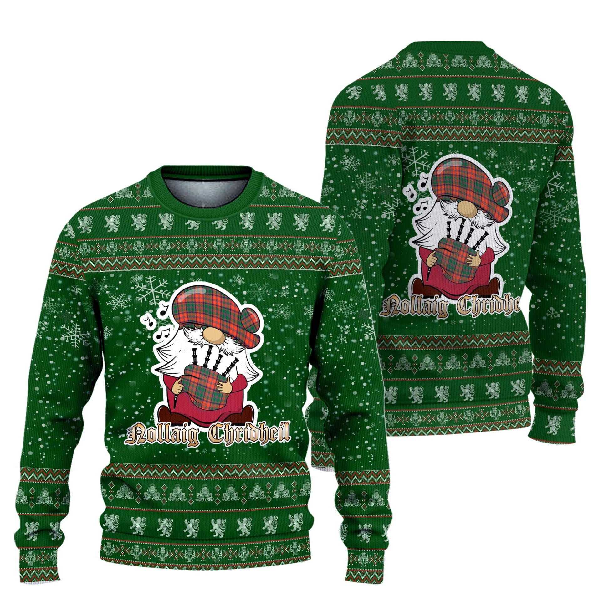 Stewart of Appin Ancient Clan Christmas Family Knitted Sweater with Funny Gnome Playing Bagpipes Unisex Green - Tartanvibesclothing