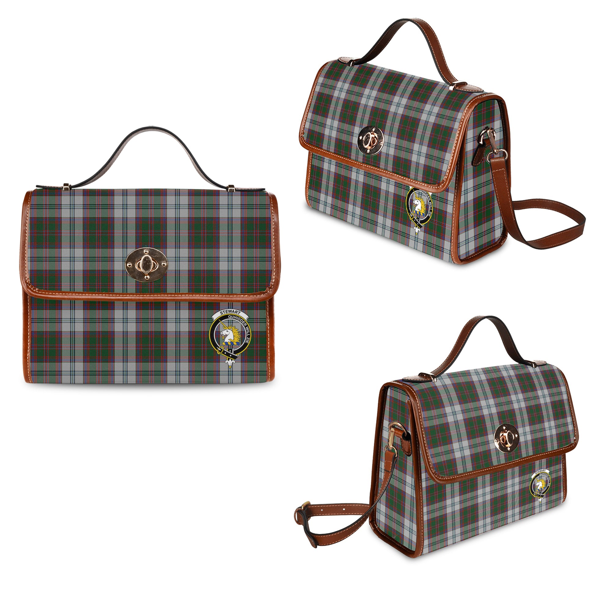 Stewart of Appin Dress Tartan Leather Strap Waterproof Canvas Bag with Family Crest One Size 34cm * 42cm (13.4" x 16.5") - Tartanvibesclothing