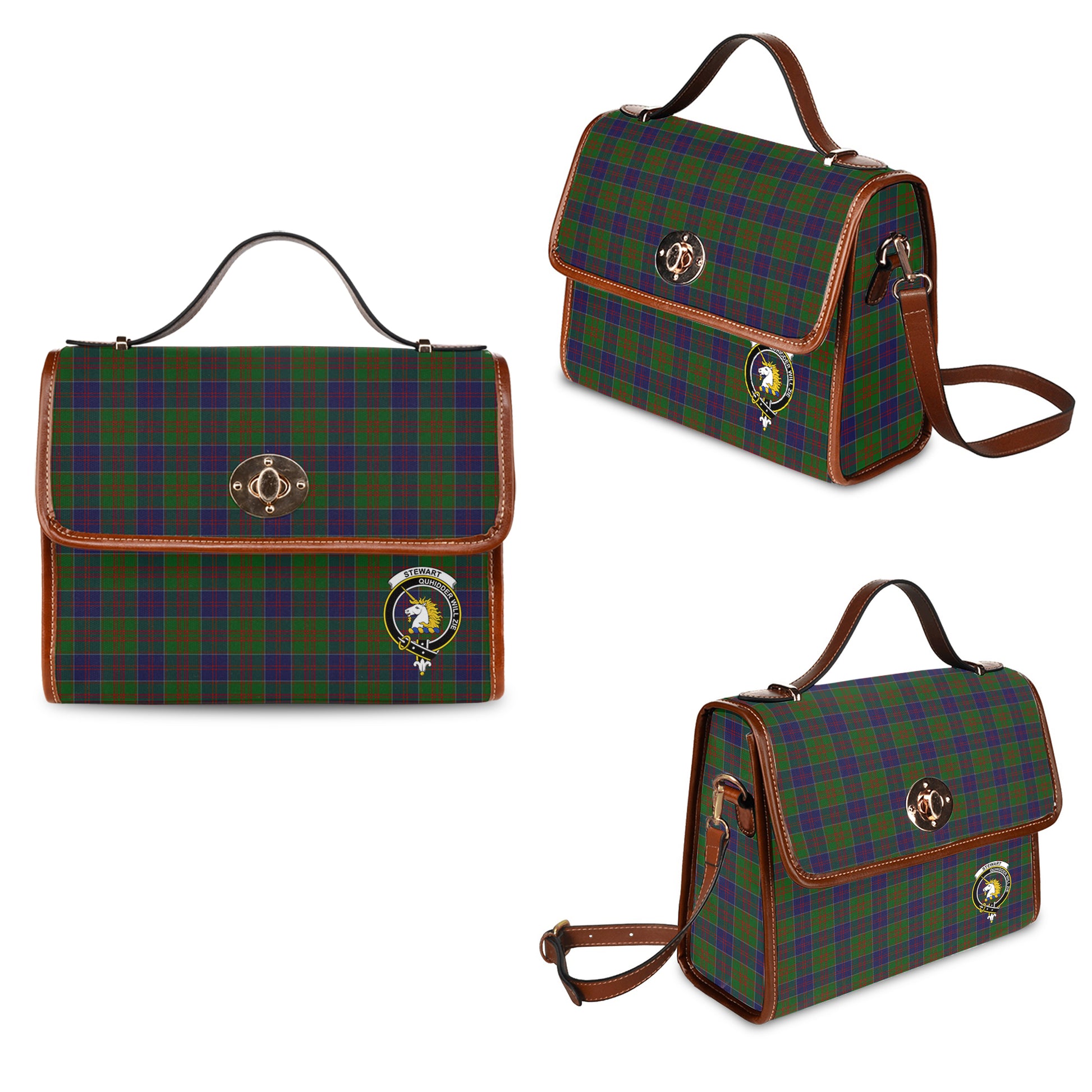 Stewart of Appin Hunting Tartan Leather Strap Waterproof Canvas Bag with Family Crest One Size 34cm * 42cm (13.4" x 16.5") - Tartanvibesclothing