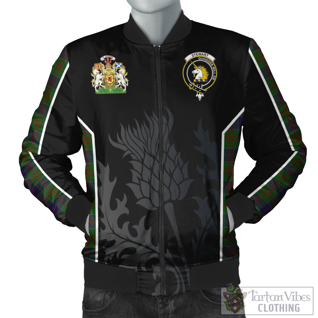Tartan Vibes Clothing Stewart of Appin Hunting Tartan Bomber Jacket with Family Crest and Scottish Thistle Vibes Sport Style