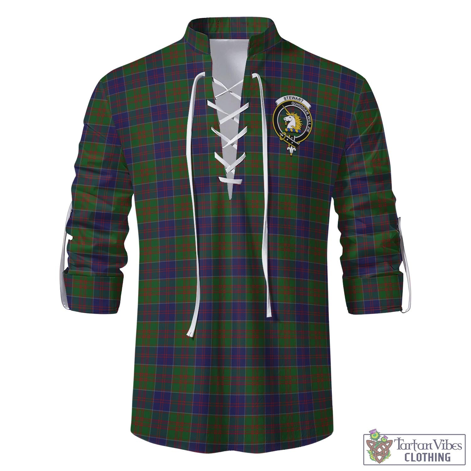 Tartan Vibes Clothing Stewart of Appin Hunting Tartan Men's Scottish Traditional Jacobite Ghillie Kilt Shirt with Family Crest