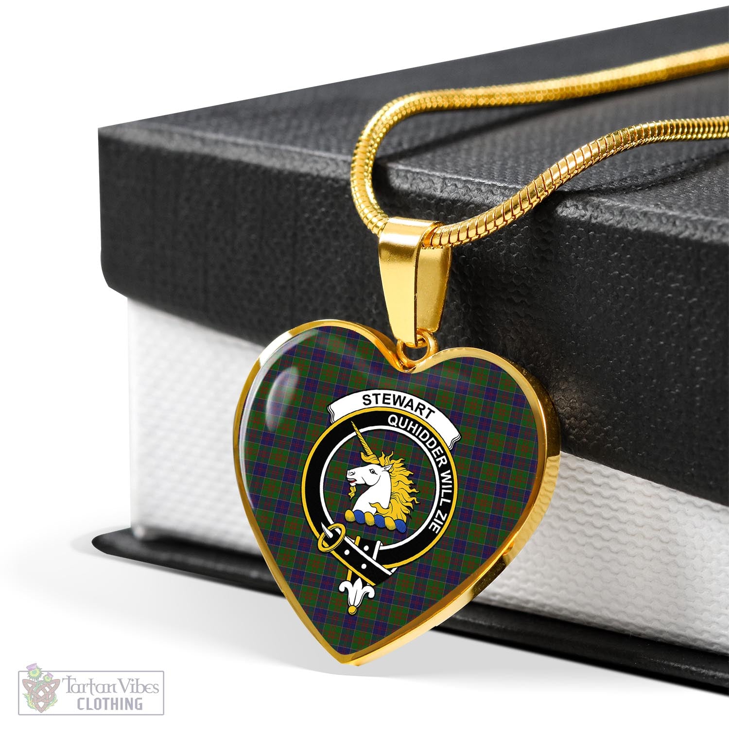 Tartan Vibes Clothing Stewart of Appin Hunting Tartan Heart Necklace with Family Crest