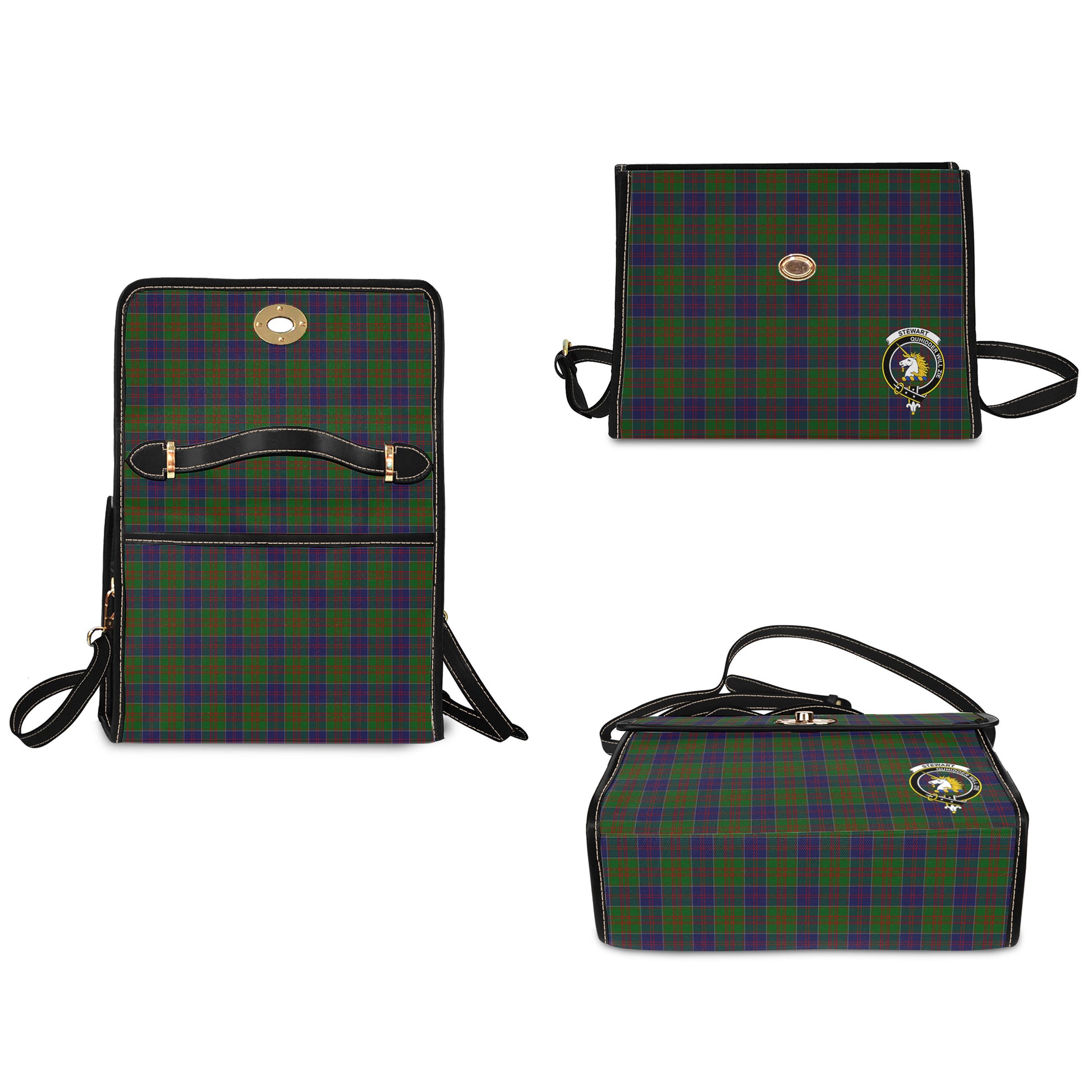 Stewart of Appin Hunting Tartan Leather Strap Waterproof Canvas Bag with Family Crest - Tartanvibesclothing