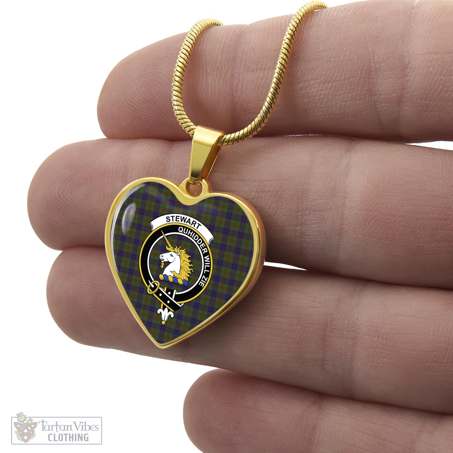 Tartan Vibes Clothing Stewart of Appin Hunting Tartan Heart Necklace with Family Crest