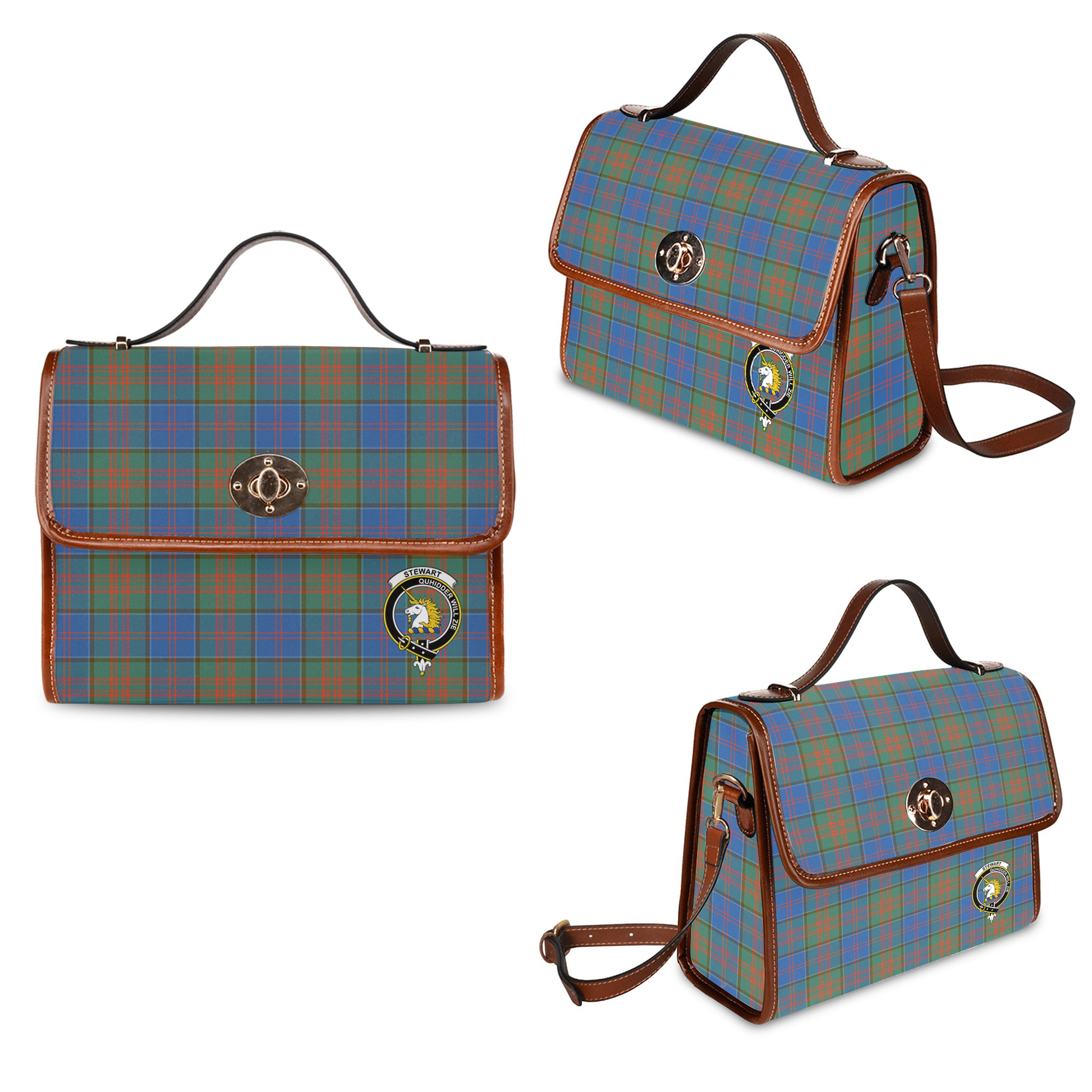 Stewart of Appin Hunting Ancient Tartan Leather Strap Waterproof Canvas Bag with Family Crest One Size 34cm * 42cm (13.4" x 16.5") - Tartanvibesclothing