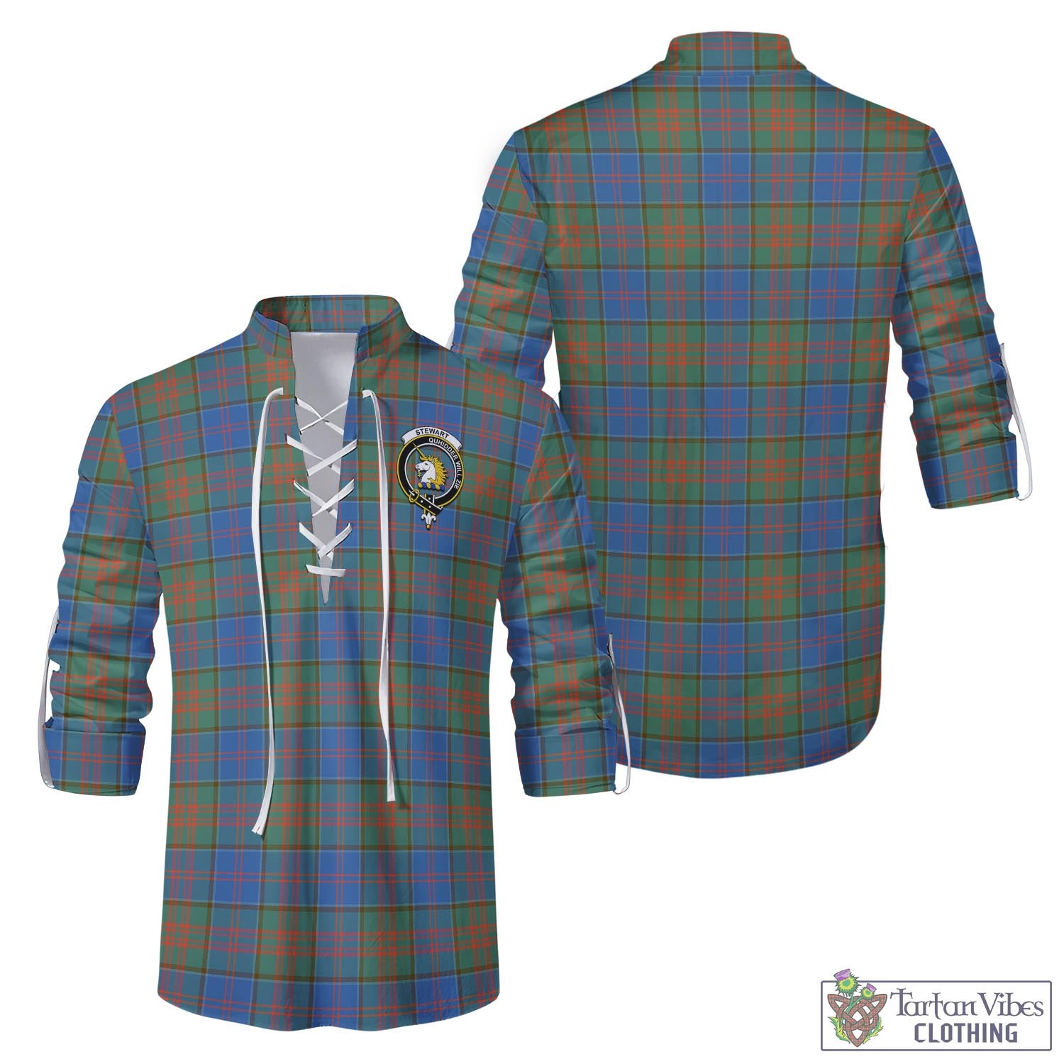 Tartan Vibes Clothing Stewart of Appin Hunting Ancient Tartan Men's Scottish Traditional Jacobite Ghillie Kilt Shirt with Family Crest