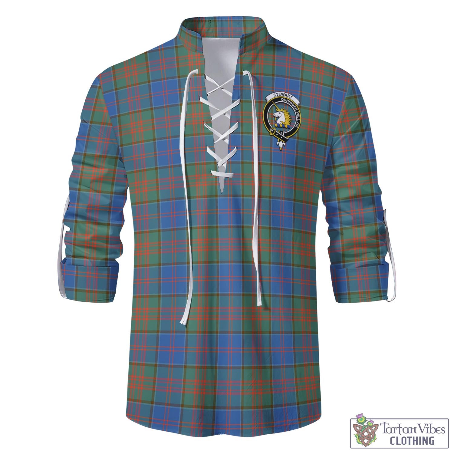Tartan Vibes Clothing Stewart of Appin Hunting Ancient Tartan Men's Scottish Traditional Jacobite Ghillie Kilt Shirt with Family Crest