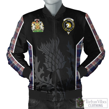 Stewart of Appin Hunting Dress Tartan Bomber Jacket with Family Crest and Scottish Thistle Vibes Sport Style