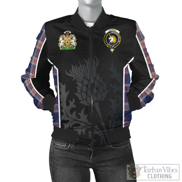 Stewart of Appin Hunting Dress Tartan Bomber Jacket with Family Crest and Scottish Thistle Vibes Sport Style