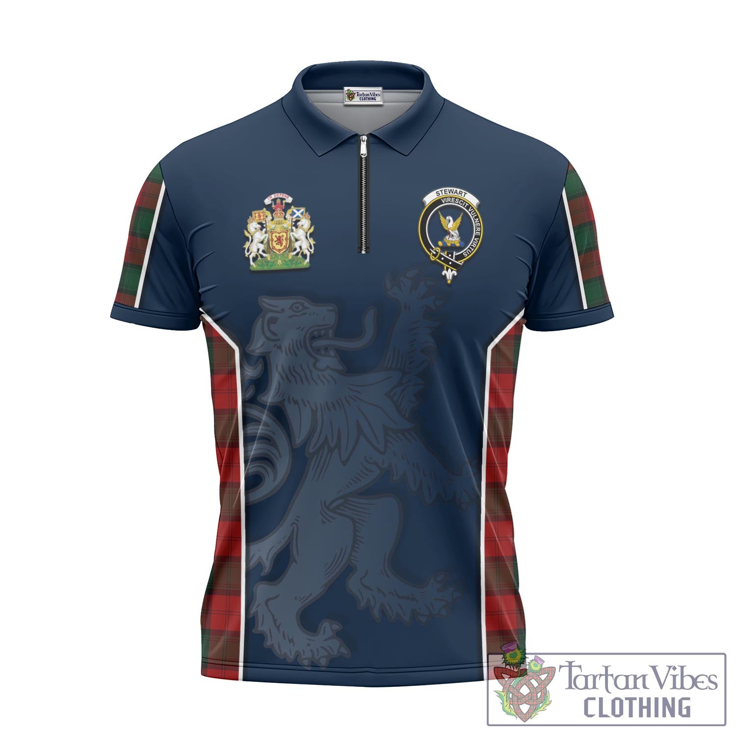 Tartan Vibes Clothing Stewart of Atholl Tartan Zipper Polo Shirt with Family Crest and Lion Rampant Vibes Sport Style