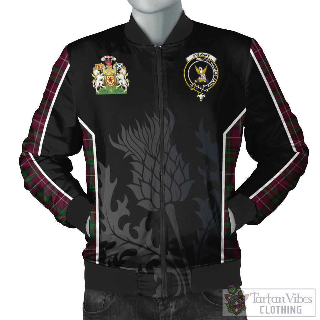 Tartan Vibes Clothing Stewart of Bute Hunting Tartan Bomber Jacket with Family Crest and Scottish Thistle Vibes Sport Style