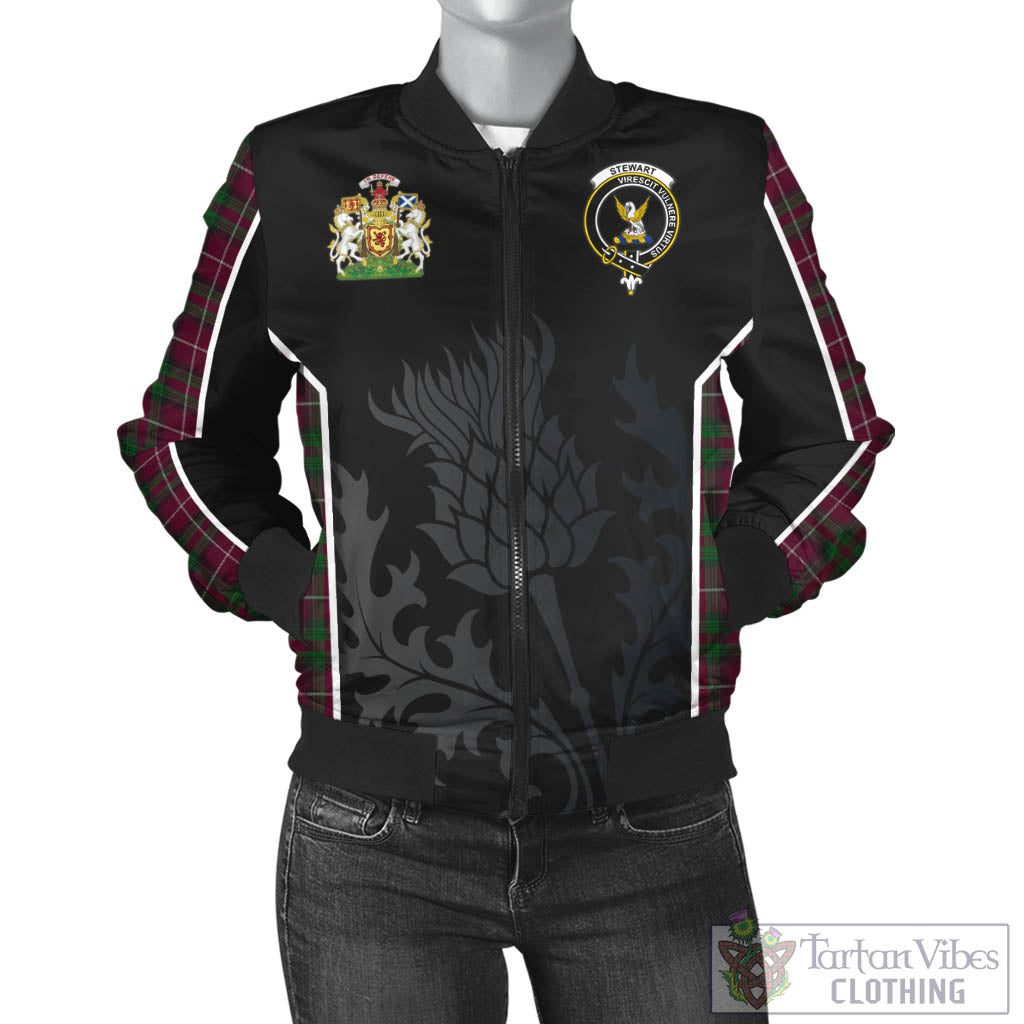 Tartan Vibes Clothing Stewart of Bute Hunting Tartan Bomber Jacket with Family Crest and Scottish Thistle Vibes Sport Style