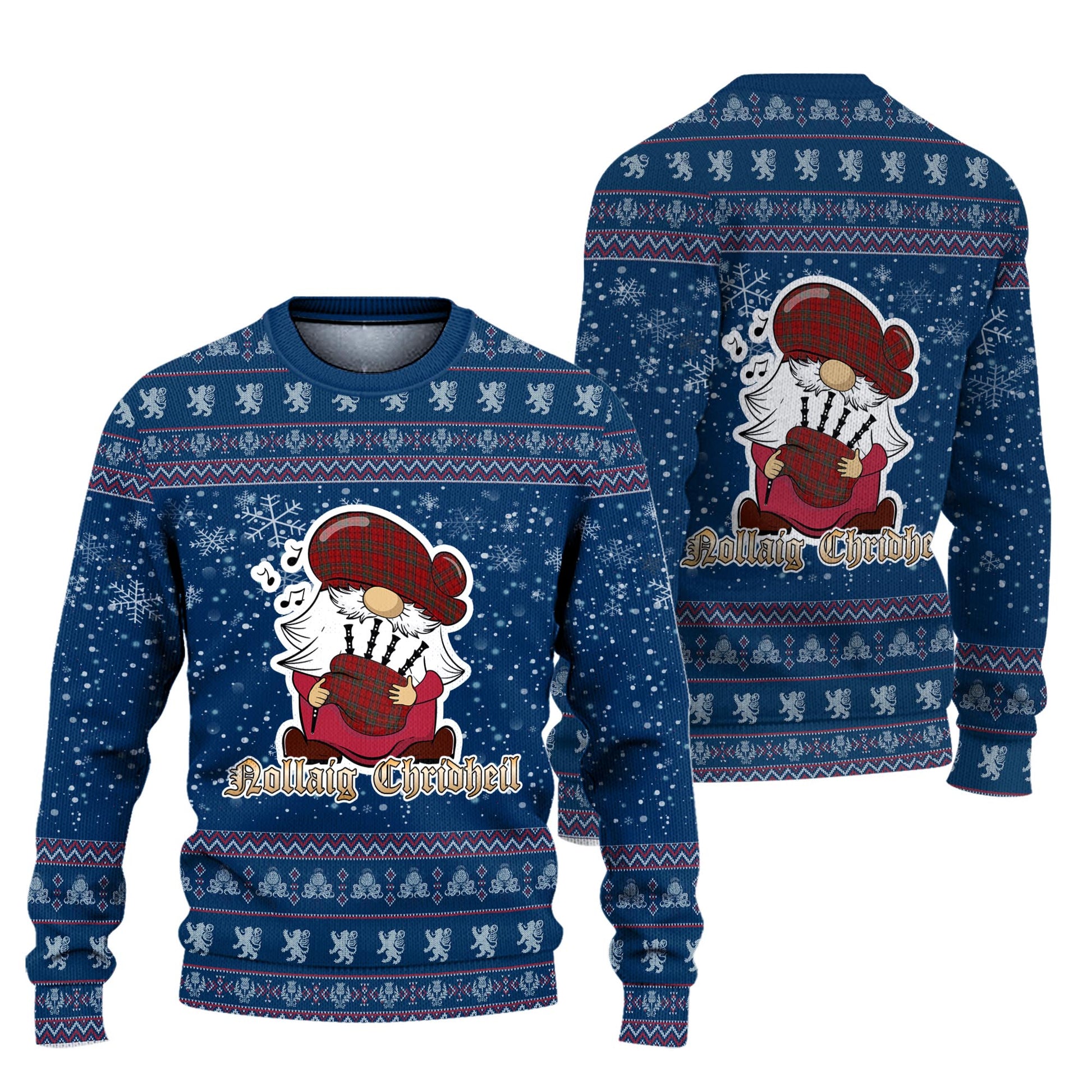 Stewart of Galloway Clan Christmas Family Knitted Sweater with Funny Gnome Playing Bagpipes Unisex Blue - Tartanvibesclothing