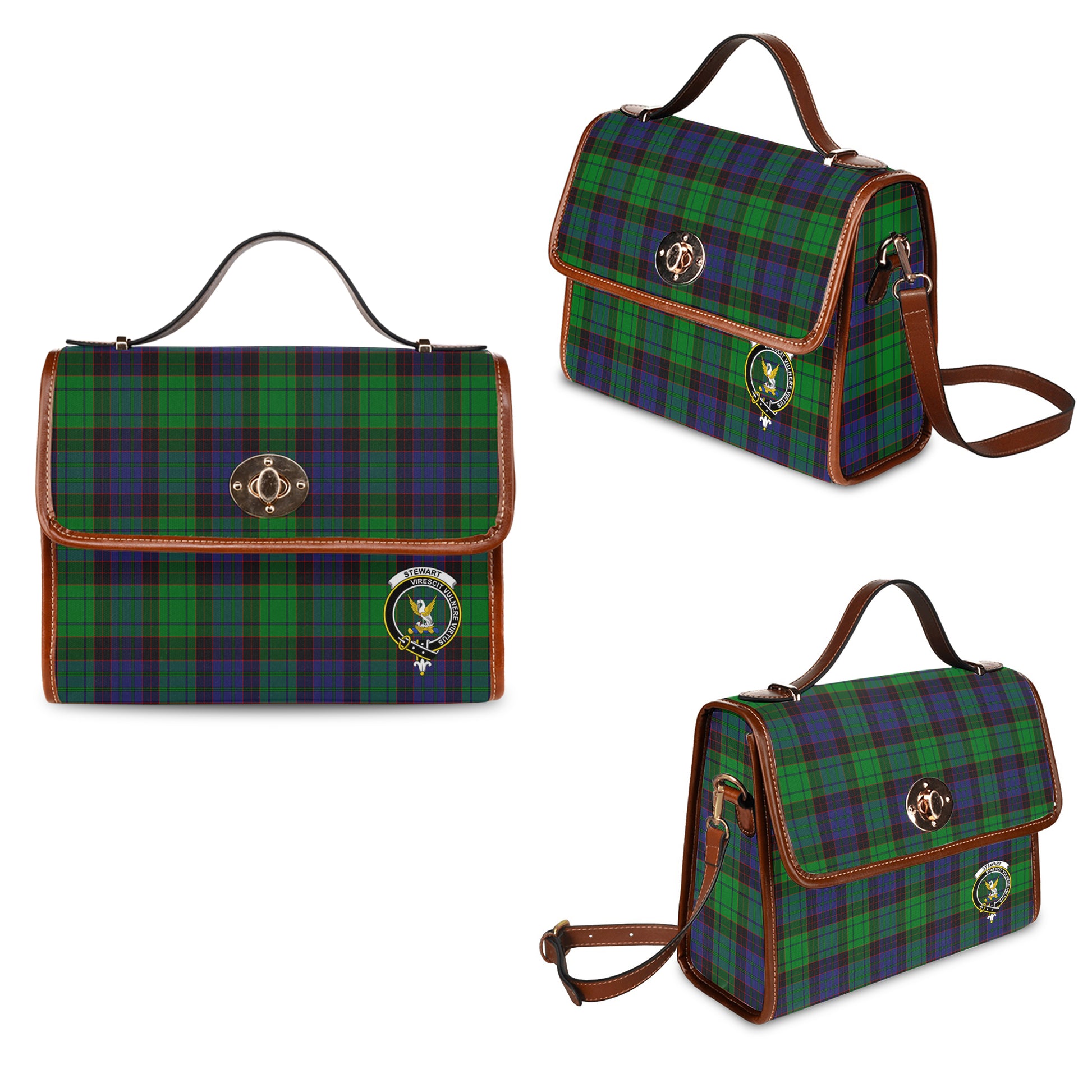 stewart-old-modern-tartan-leather-strap-waterproof-canvas-bag-with-family-crest
