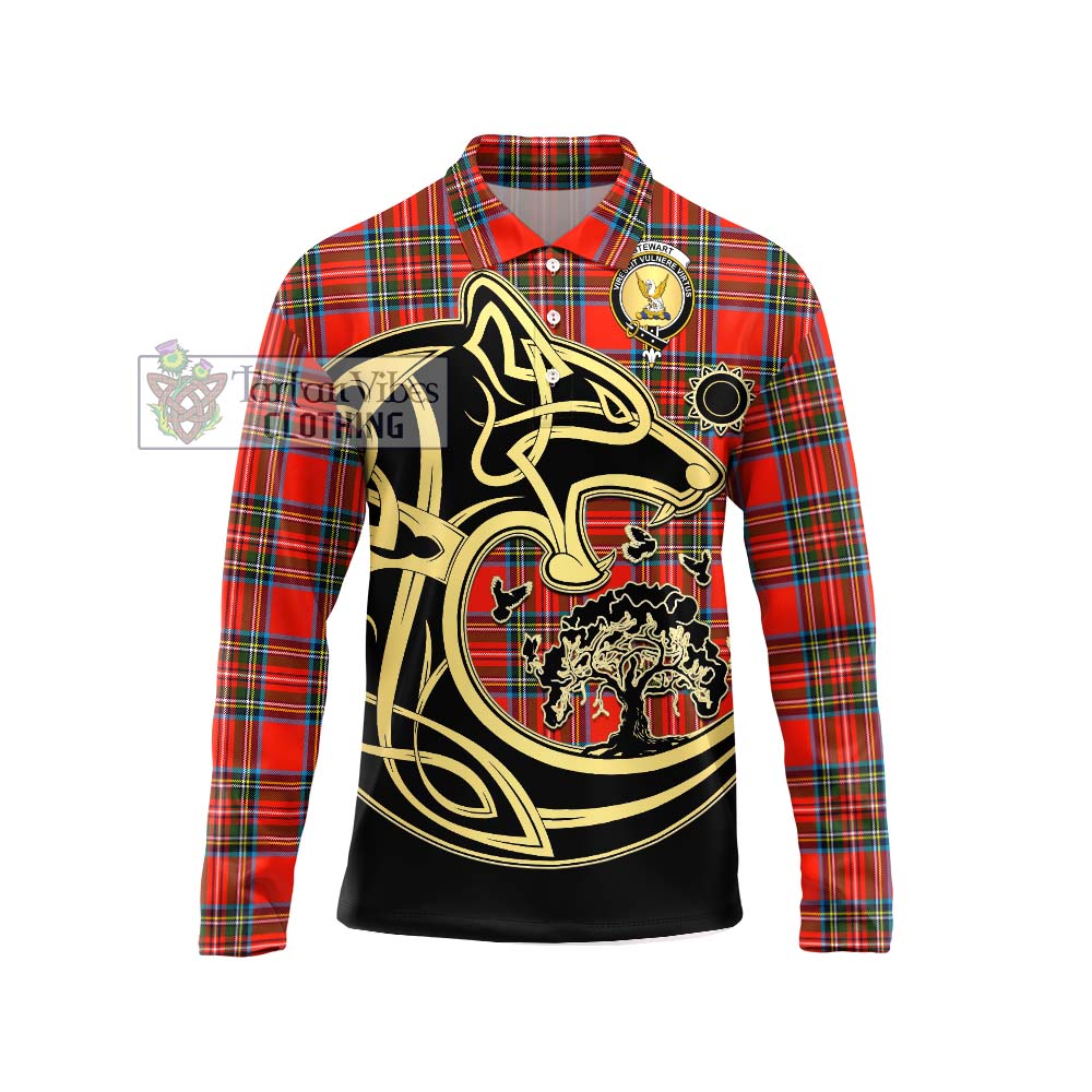 Stewart (Stuart) Tartan Long Sleeve Polo Shirt with Family Crest Celtic Wolf Style Unisex - Tartanvibesclothing Shop