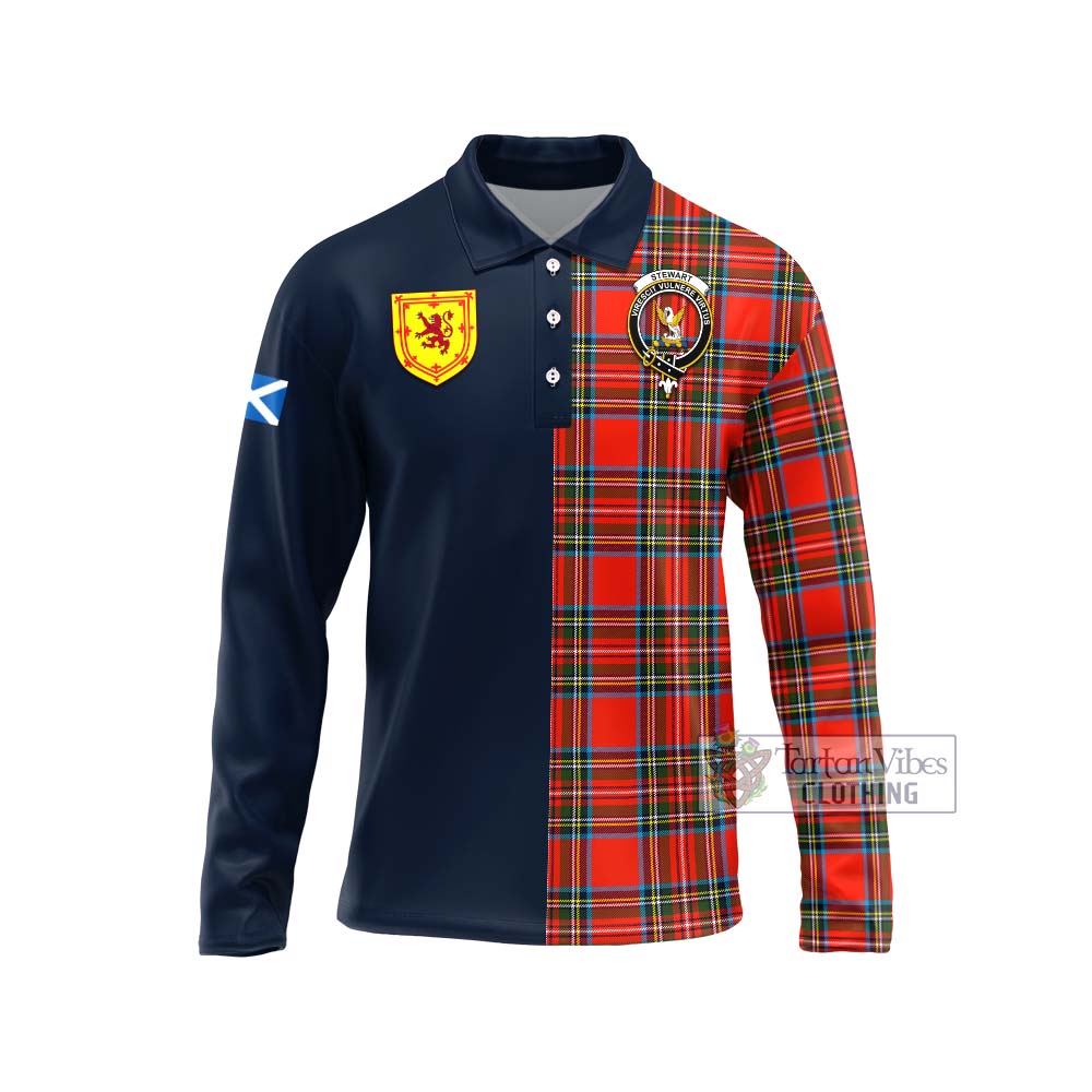Tartan Vibes Clothing Stewart Royal Tartan Long Sleeve Polo Shirt with Scottish Lion Royal Arm Half Style