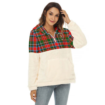 Stewart (Stuart) Tartan Half Style Women's Borg Fleece Hoodie with Half Zip with Family Crest