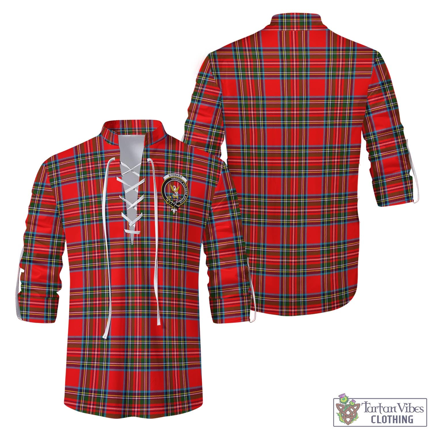 Tartan Vibes Clothing Stewart Royal Tartan Men's Scottish Traditional Jacobite Ghillie Kilt Shirt with Family Crest