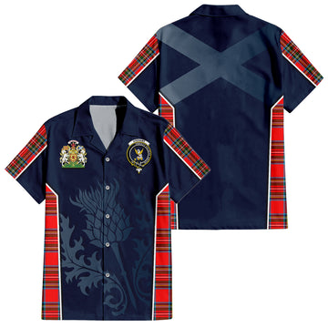 Stewart Royal Tartan Short Sleeve Button Up Shirt with Family Crest and Scottish Thistle Vibes Sport Style
