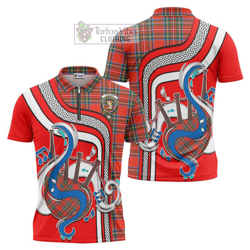 Stewart (Stuart) Tartan Zipper Polo Shirt with Epic Bagpipe Style Unisex - Tartanvibesclothing Shop