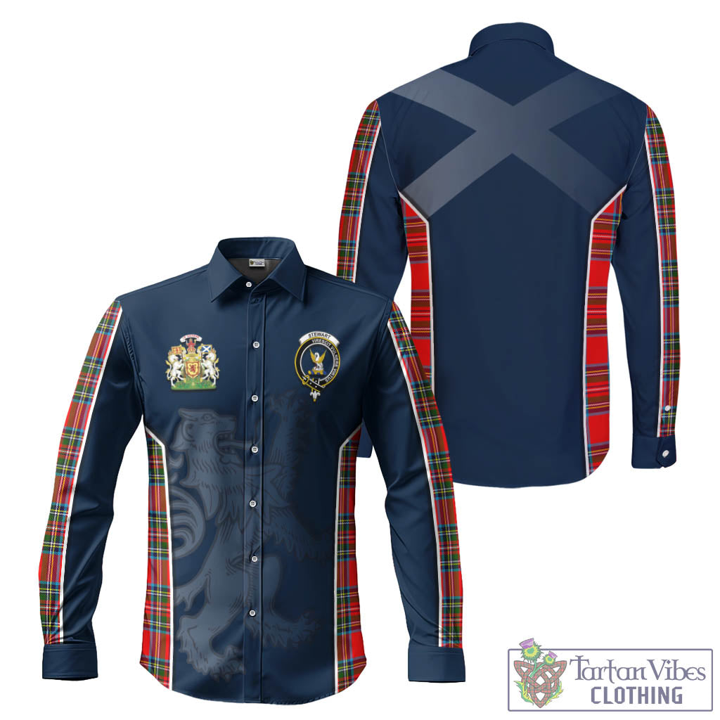 Stewart Royal Tartan Long Sleeve Button Up Shirt with Family Crest and Lion Rampant Vibes Sport Style