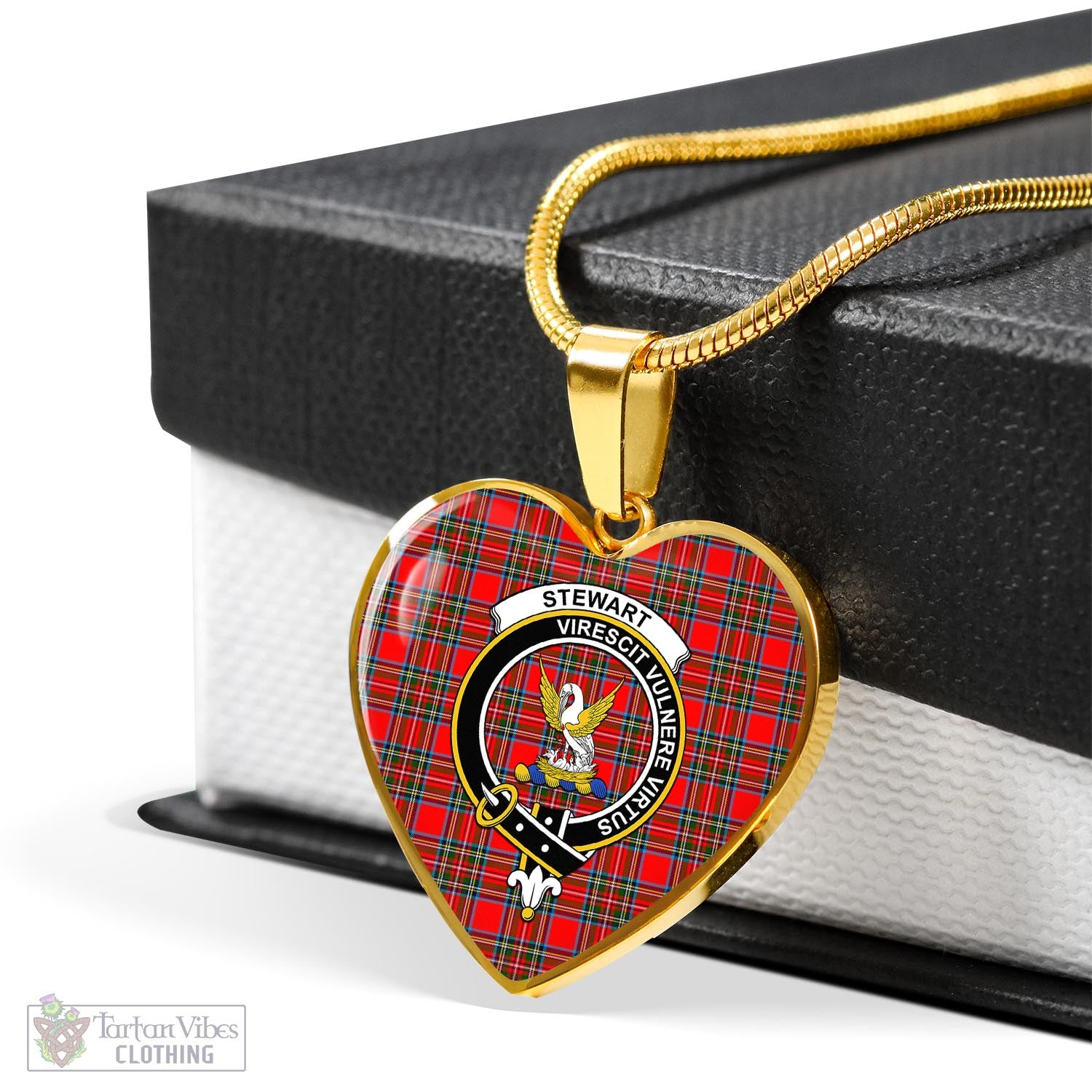 Tartan Vibes Clothing Stewart Royal Tartan Heart Necklace with Family Crest