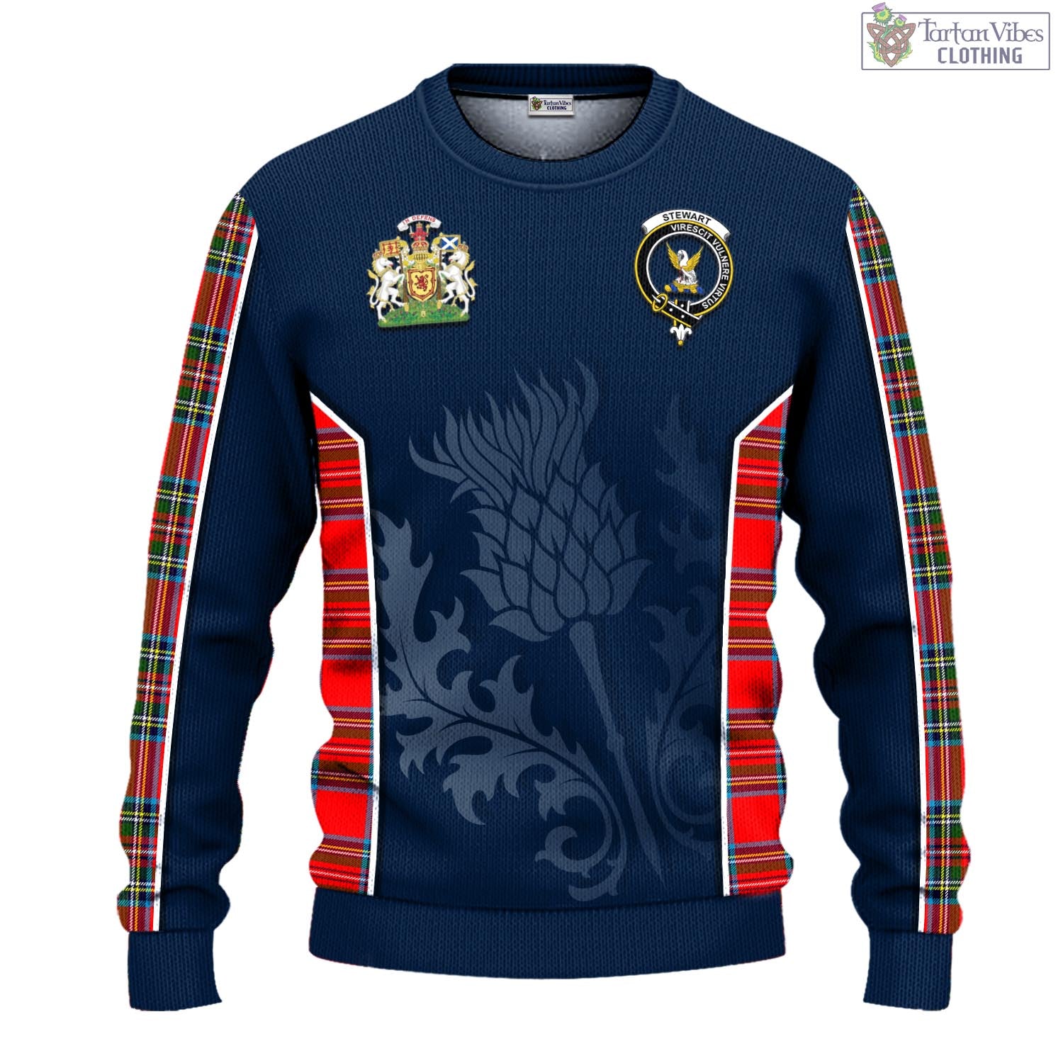 Tartan Vibes Clothing Stewart Royal Tartan Knitted Sweatshirt with Family Crest and Scottish Thistle Vibes Sport Style