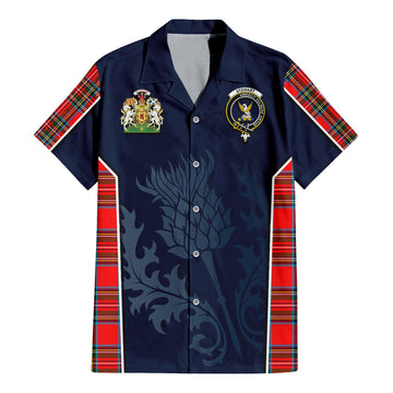 Stewart Royal Tartan Short Sleeve Button Up Shirt with Family Crest and Scottish Thistle Vibes Sport Style