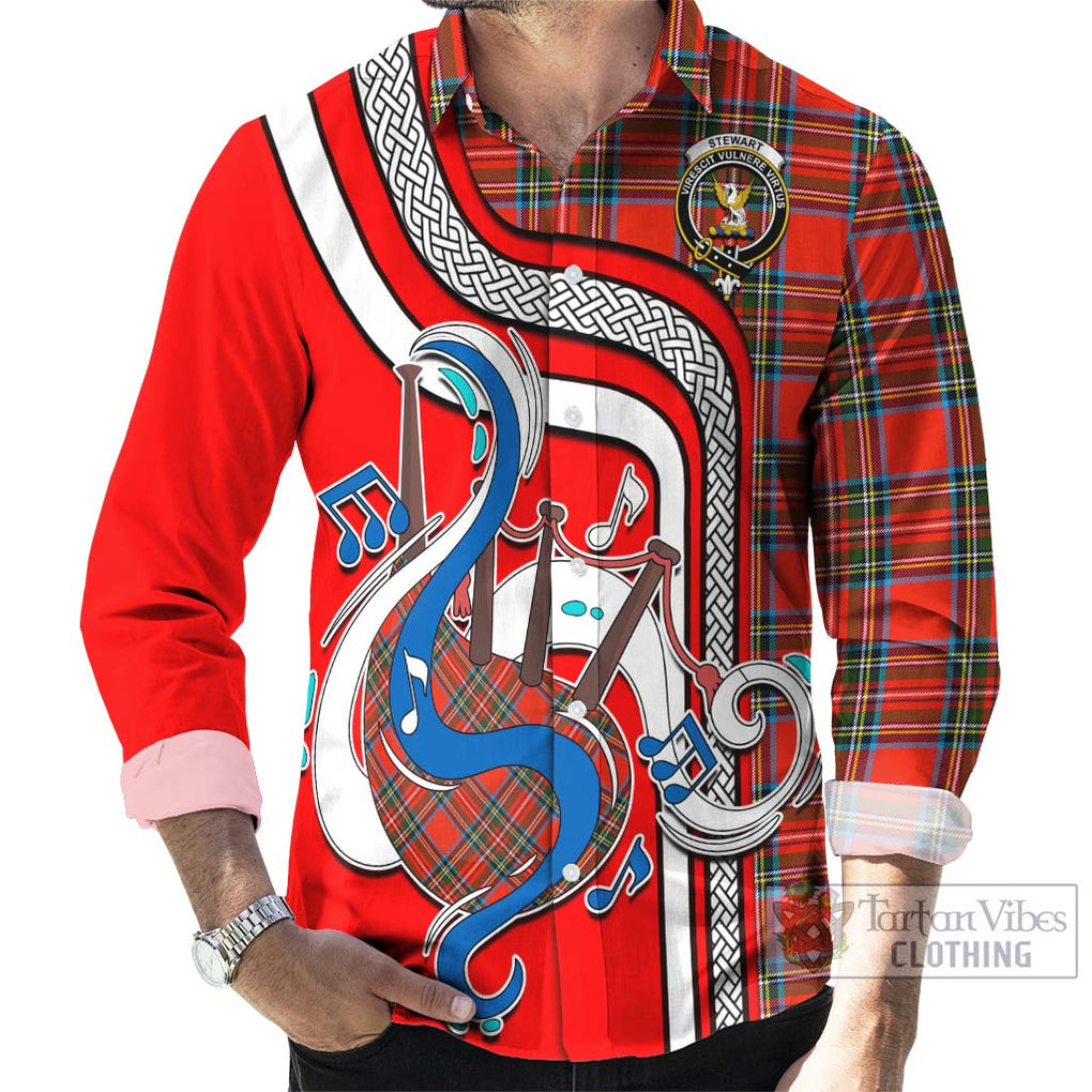 Stewart (Stuart) Tartan Long Sleeve Button Shirt with Epic Bagpipe Style - Tartanvibesclothing Shop