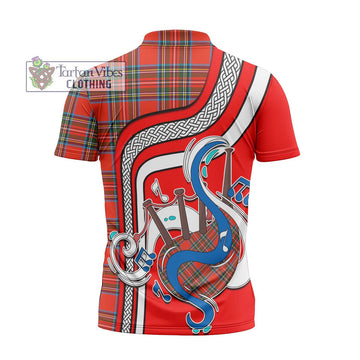Stewart (Stuart) Tartan Zipper Polo Shirt with Epic Bagpipe Style - Tartanvibesclothing Shop