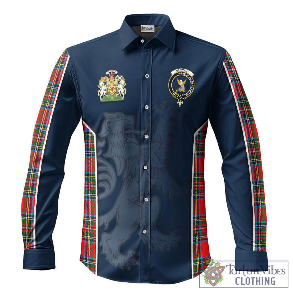 Stewart Royal Tartan Long Sleeve Button Up Shirt with Family Crest and Lion Rampant Vibes Sport Style