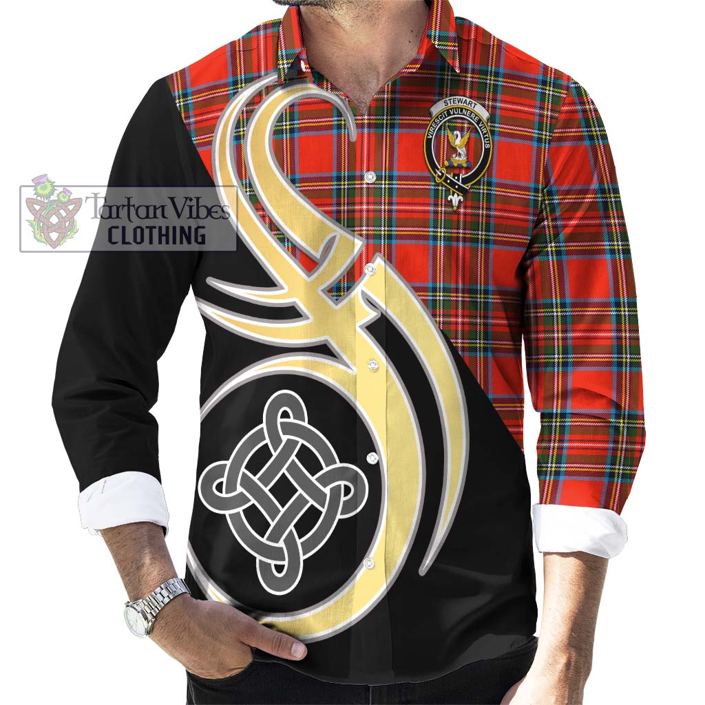 Stewart (Stuart) Tartan Long Sleeve Button Shirt with Family Crest and Celtic Symbol Style - Tartan Vibes Clothing