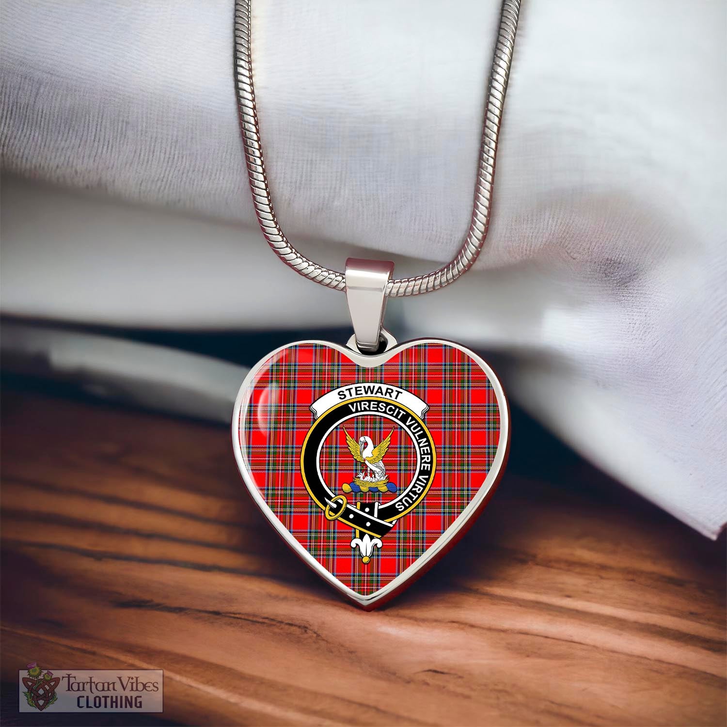 Tartan Vibes Clothing Stewart Royal Tartan Heart Necklace with Family Crest