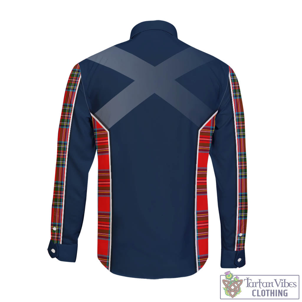 Stewart Royal Tartan Long Sleeve Button Up Shirt with Family Crest and Lion Rampant Vibes Sport Style